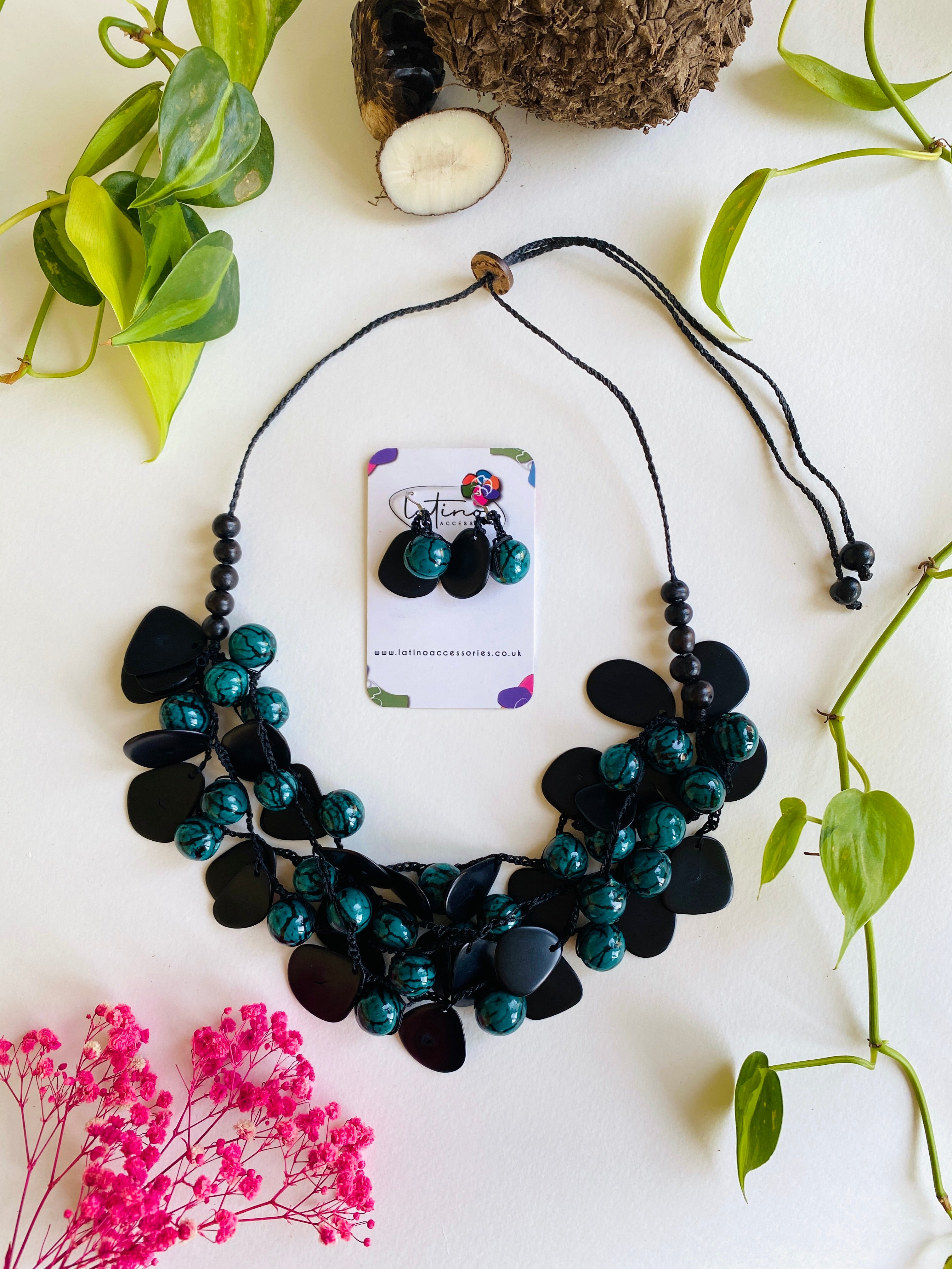 Black & Sea Green Tagua Neckace Set